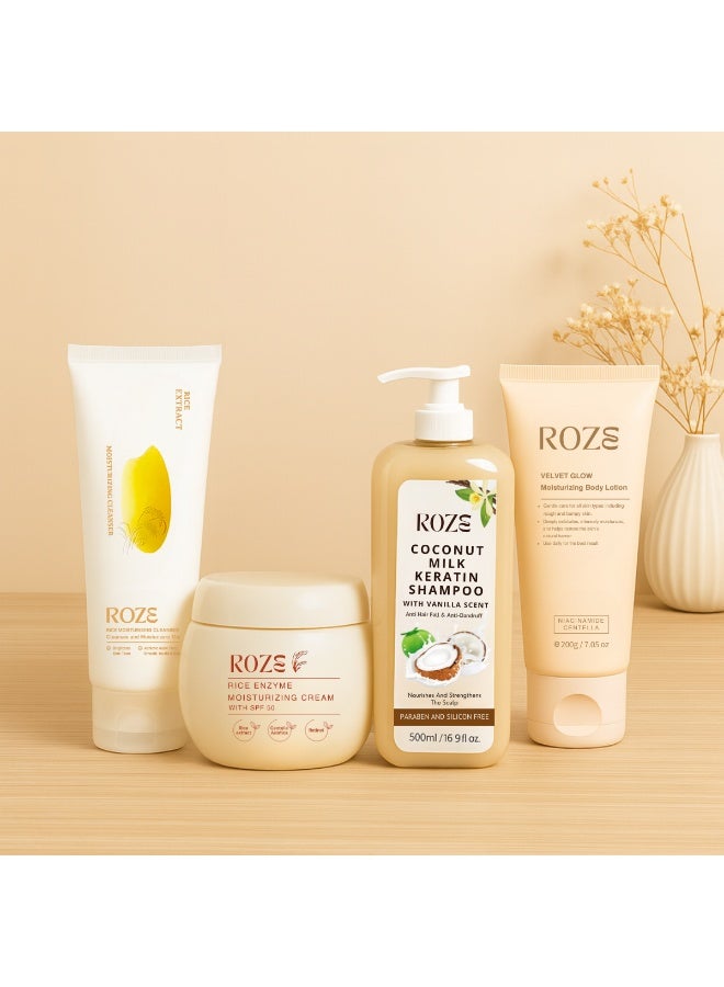 Roze Glow Pack – Cleanser | Moisturizer | Shampoo | Body Lotion - Image 1
