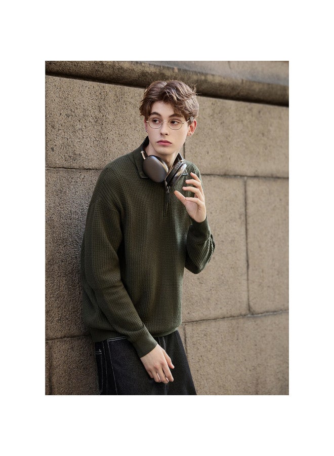 Tonlion ,  Autumn And Winter Men's Semi-open Chest Small Plaid Texture Lapel Sweater - Image 2