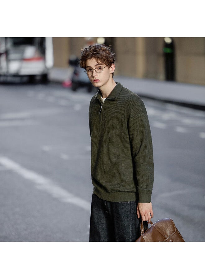 Tonlion ,  Autumn And Winter Men's Semi-open Chest Small Plaid Texture Lapel Sweater - Image 1