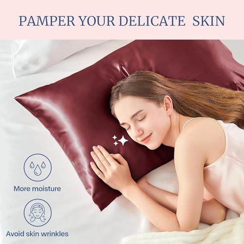 GO WELL Solid Satin Silk Pillow Covers Pack of 2 for Hair and Skin-with Satin Scrunchies |Satin Pillow coves for Hair and Skin|scrunchies for Women 3-Piece|Silk Pillow case (Burgundy) 800Tc - Image 4