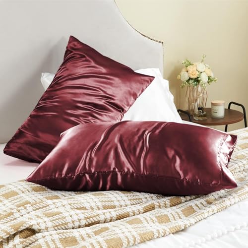 GO WELL Solid Satin Silk Pillow Covers Pack of 2 for Hair and Skin-with Satin Scrunchies |Satin Pillow coves for Hair and Skin|scrunchies for Women 3-Piece|Silk Pillow case (Burgundy) 800Tc - Image 3