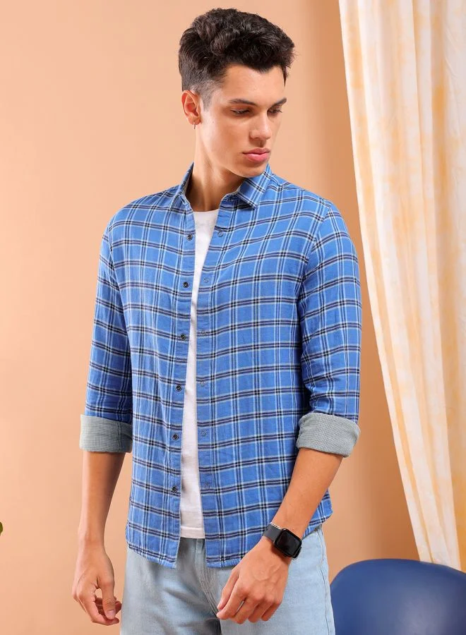 The Indian Garage Co Men Slim Fit Checkered Full Sleeves Spread Collar Casual Shirt