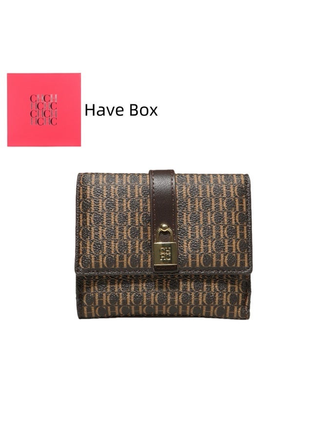 CAROLINA HERRERA Coffee Tri-Fold Wallet with Lock Decoration Snap Closure CH Embossed Business Style Unisex Gift Box for Cash Cards Daily Carry - Image 1