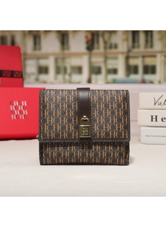 CAROLINA HERRERA Coffee Tri-Fold Wallet with Lock Decoration Snap Closure CH Embossed Business Style Unisex Gift Box for Cash Cards Daily Carry - Image 3