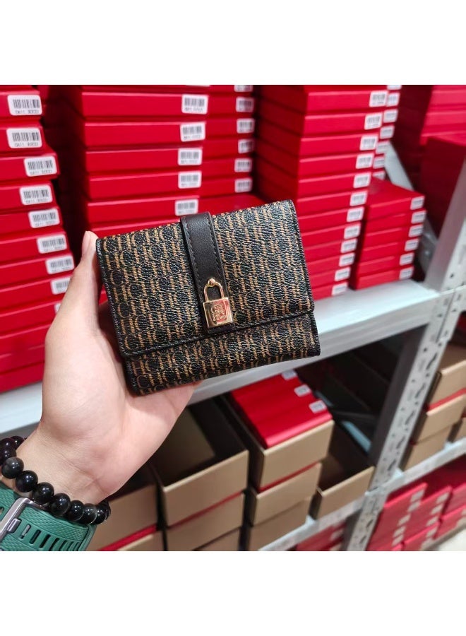 CAROLINA HERRERA Coffee Tri-Fold Wallet with Lock Decoration Snap Closure CH Embossed Business Style Unisex Gift Box for Cash Cards Daily Carry - Image 1