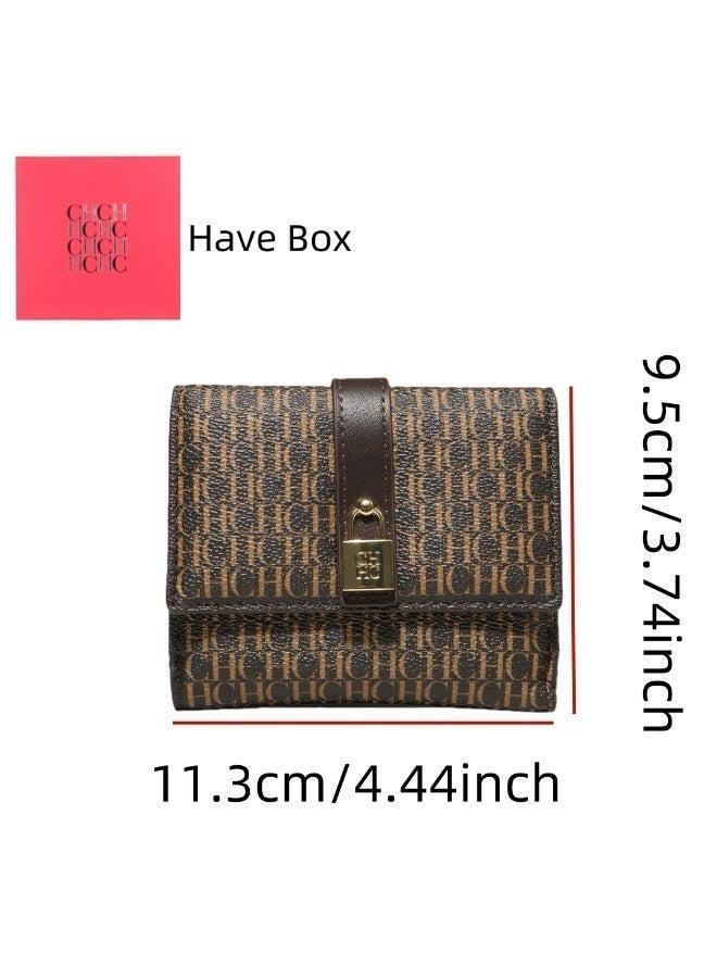 CAROLINA HERRERA Coffee Tri-Fold Wallet with Lock Decoration Snap Closure CH Embossed Business Style Unisex Gift Box for Cash Cards Daily Carry - Image 2