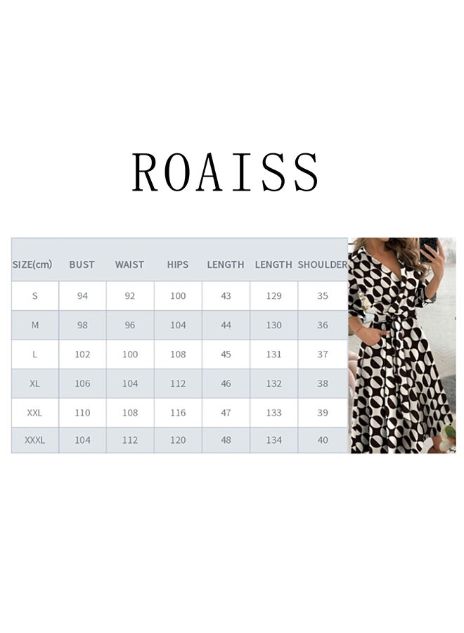 roaiss Women's Lapel Shirt Dress Classic V Neck Fashion 3/4 Sleeve Side Pockets With Lace Up Waist for Versatility Dress - Image 4