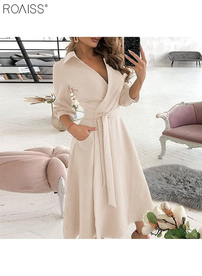 roaiss Women's Lapel Shirt Dress Classic V Neck Fashion 3/4 Sleeve Side Pockets With Lace Up Waist for Versatility Dress - Image 3