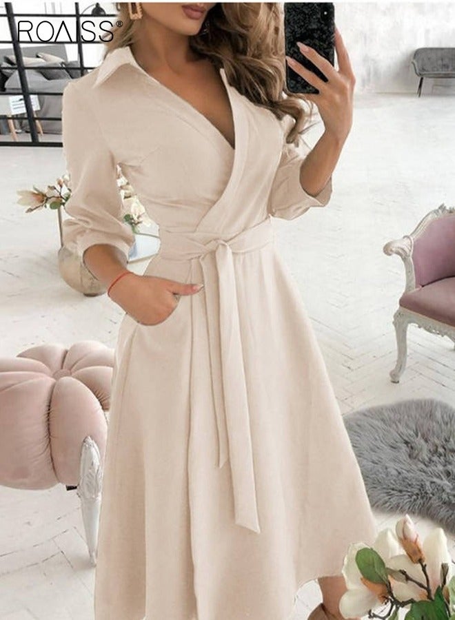 roaiss Women's Lapel Shirt Dress Classic V Neck Fashion 3/4 Sleeve Side Pockets With Lace Up Waist for Versatility Dress - Image 1