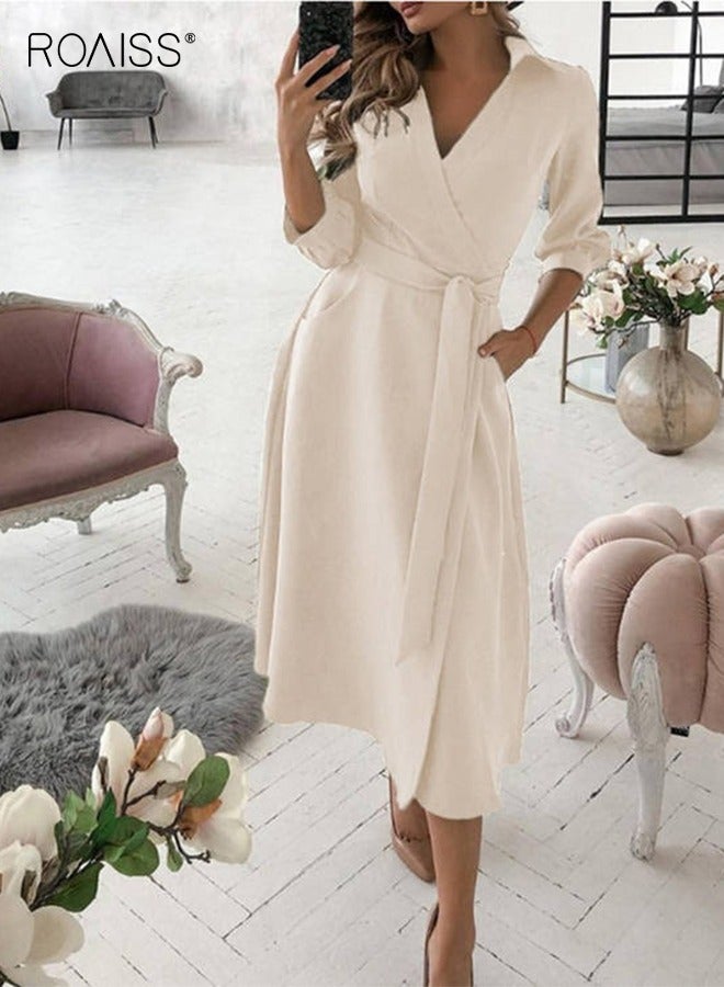 roaiss Women's Lapel Shirt Dress Classic V Neck Fashion 3/4 Sleeve Side Pockets With Lace Up Waist for Versatility Dress - Image 2
