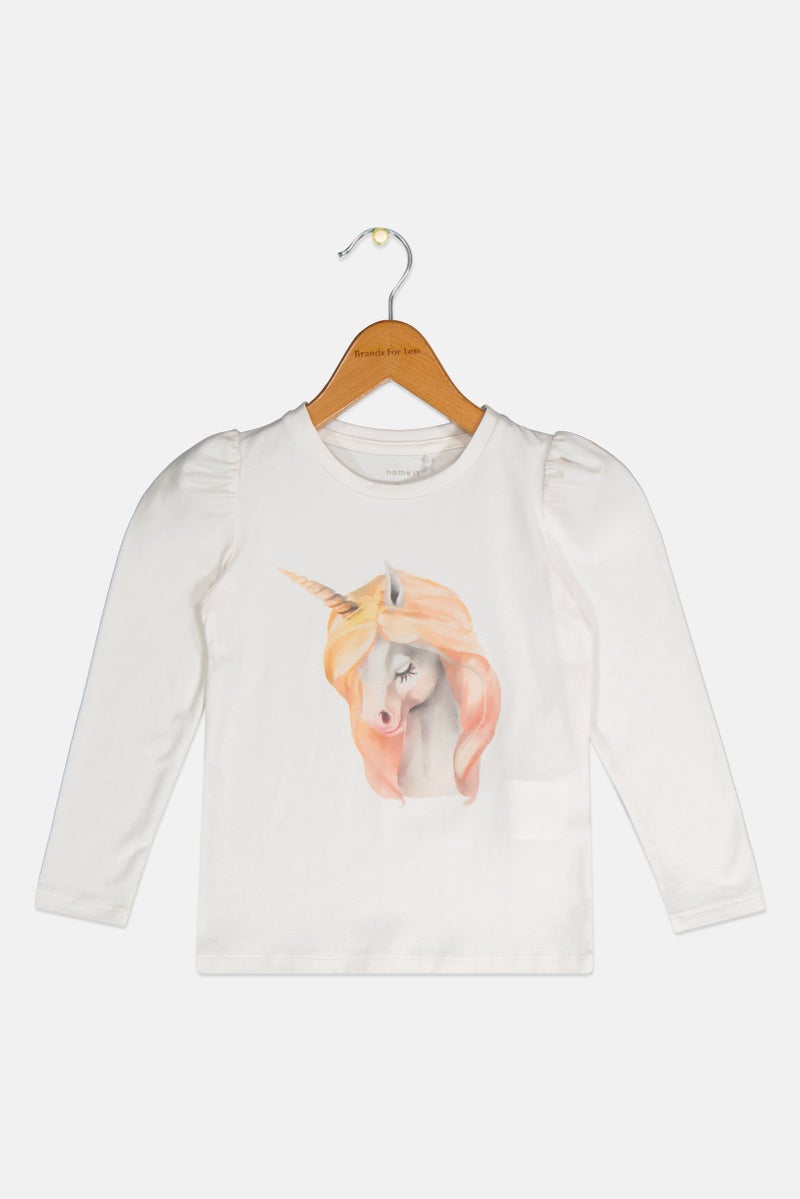 NAME IT تي شيرت طويل الأكمام للبنات الصغيرات بطباعة جرافيك، أبيض - Image 1