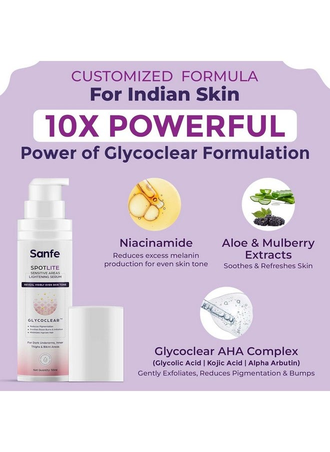 Sanfe - Sanfe Spotlite Sensitive Body Serum For Dark Underarms, Inner Thighs and Sensitive Areas | 10X Powerful, Enriched with 2% Glyoclic Acid, Alpha Arbutin, Niacinnamide| For Dark Intimate Patches, Detanning, Anti Aging and Skin | Helps in Depigmentation & Long Moisture - 50gm | For Indian Women Skin - Image 1