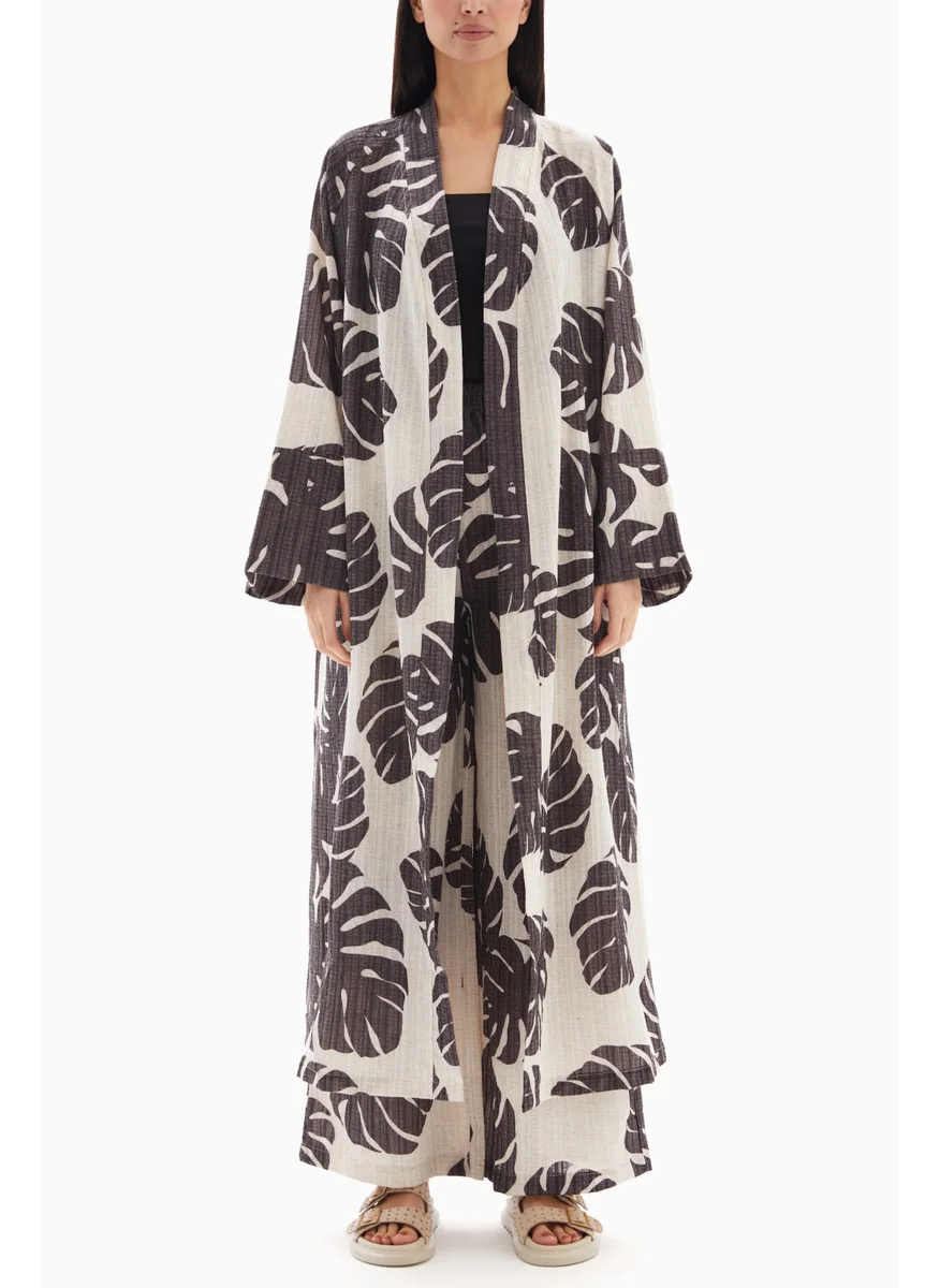 Wecre8 Beige/Brown Leaf Printed Set of Kimono with Trousers By WECRE8