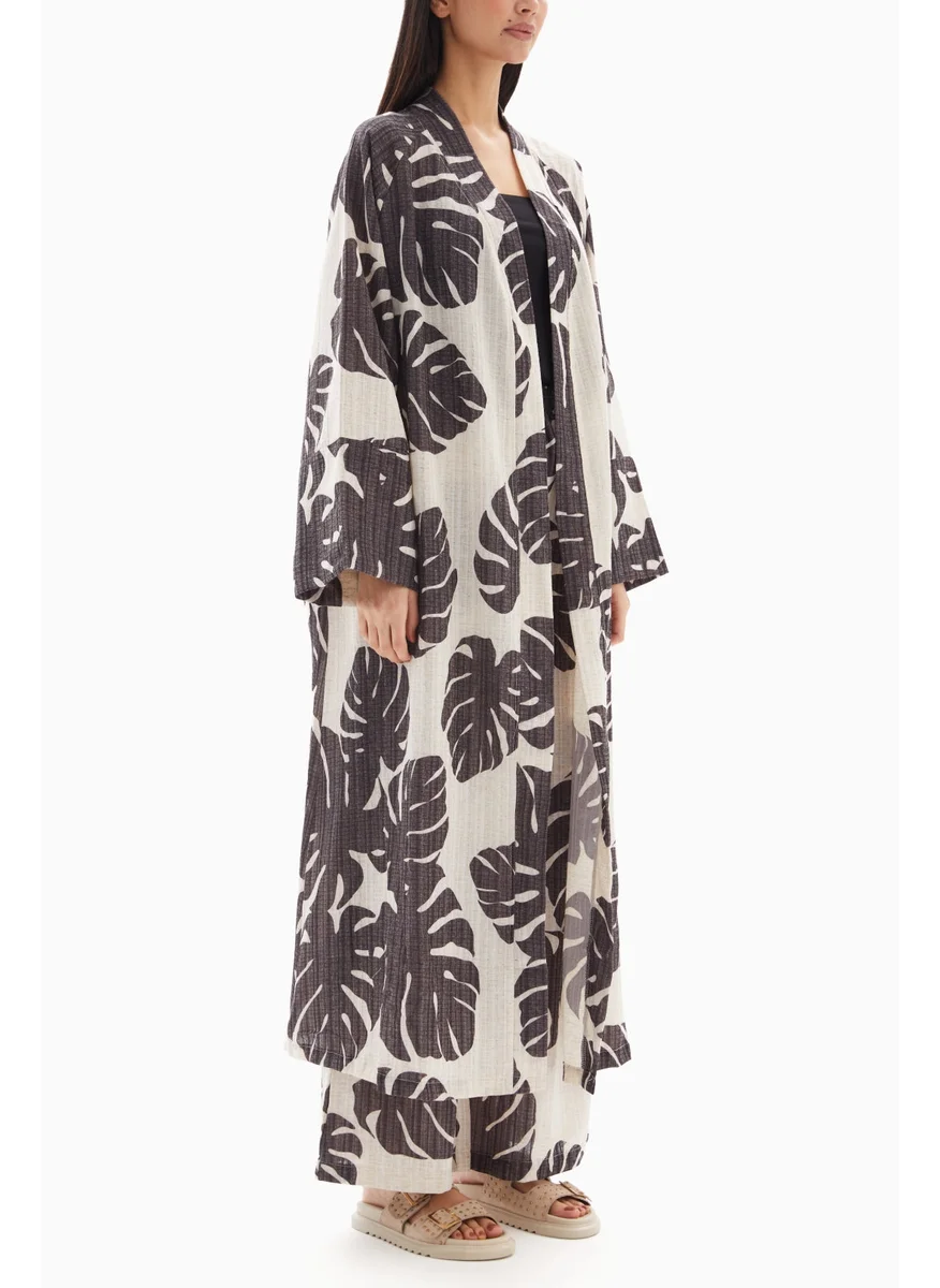 Wecre8 Beige/Brown Leaf Printed Set of Kimono with Trousers By WECRE8
