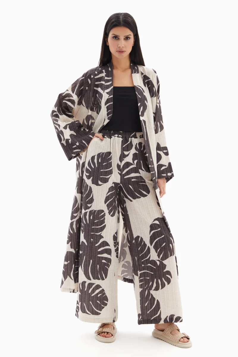 Wecre8 Beige/Brown Leaf Printed Set of Kimono with Trousers By WECRE8