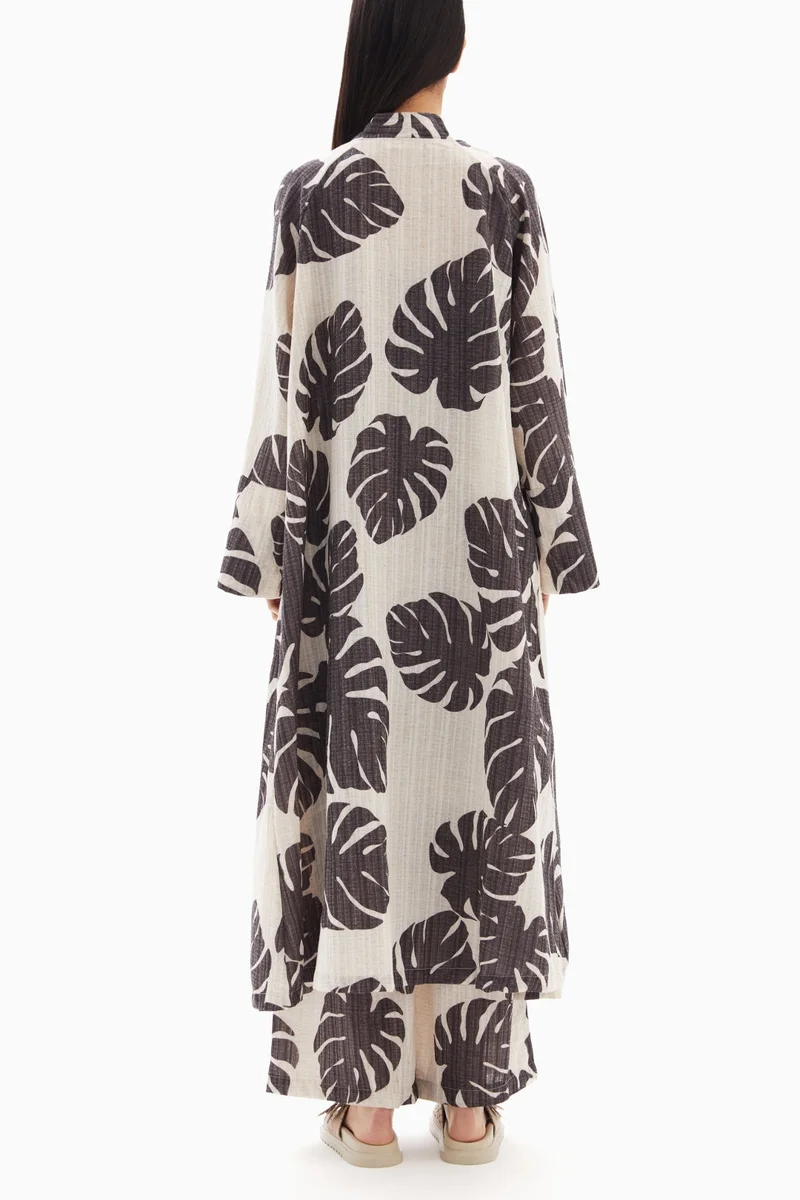 Wecre8 Beige/Brown Leaf Printed Set of Kimono with Trousers By WECRE8