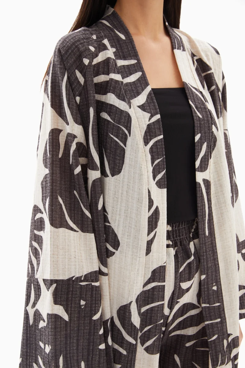 Wecre8 Beige/Brown Leaf Printed Set of Kimono with Trousers By WECRE8