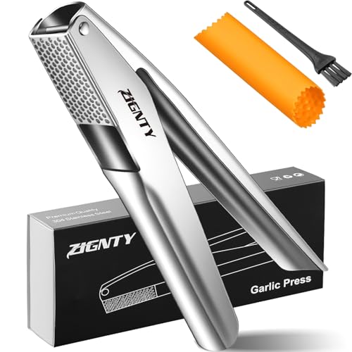 ZIGNTY Garlic Press Stainless Steel, Professional Mincer No Need to Peel, Large Trough Presser Ergonomic Handle Easy Squeeze, Ginger Crusher & Masher Dishwasher Safe Rust Proof - Image 1