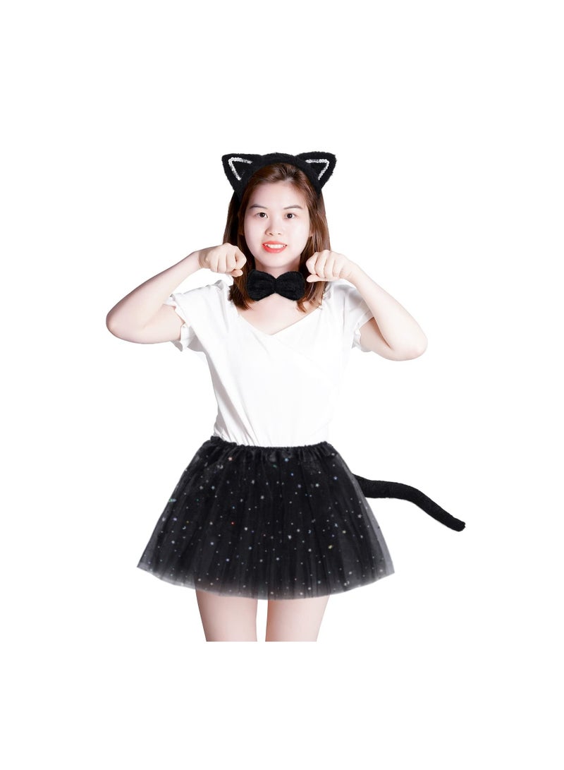 2PCS Cat Costume Set，Long Fur Cat Tail Cosplay Set Halloween Fancy Dress Costume Set, Cat Ears Headband Cat Tail, Cat Bow, Harlequin Mask for Valentine's Day Dress up Halloween (Black) - Image 3