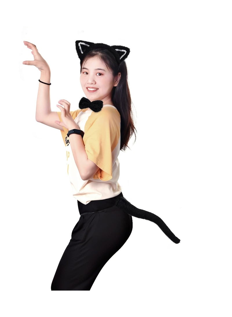 2PCS Cat Costume Set，Long Fur Cat Tail Cosplay Set Halloween Fancy Dress Costume Set, Cat Ears Headband Cat Tail, Cat Bow, Harlequin Mask for Valentine's Day Dress up Halloween (Black) - Image 4