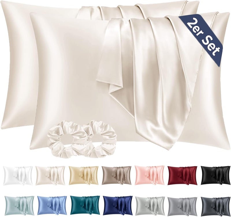 Vielit Satin Pillowcase 40 x 60 cm Set of 2, Pillowcase for Hair, Similar to Silk Pillowcases, 40 x 60 cm Oeko-Tex Certified Beige & 2 Satin Scrunchies - Image 1