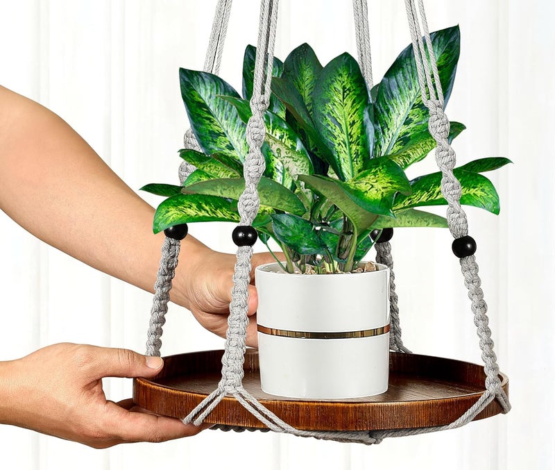 Shineloha 2 Pack Macrame Plant Hanger | Plant Hanger Indoor, Hanging Planter Shelf | Hanging Planter (Light Grey) (1 Large + 1 Medium) - Image 2