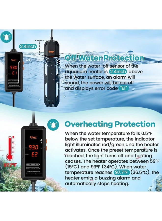 Hygger Aquarium Heater, 300W/500W/800W/1000W Submersible Fish Tank Heater with Temperature Controller, Over-Temperature Off-Water Protection Alarm for Saltwater Freshwater (500W, 65-130 Gallon) - Image 4