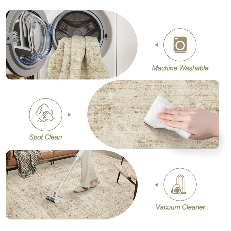 Soalmost 5x7 Area Rugs Brown Low Pile Indoor Washable Trendy Faded Style Floral Rugs for Bedroom Living Room Dining Room Foldable Non-Slip Thin Print Mat - Image 4