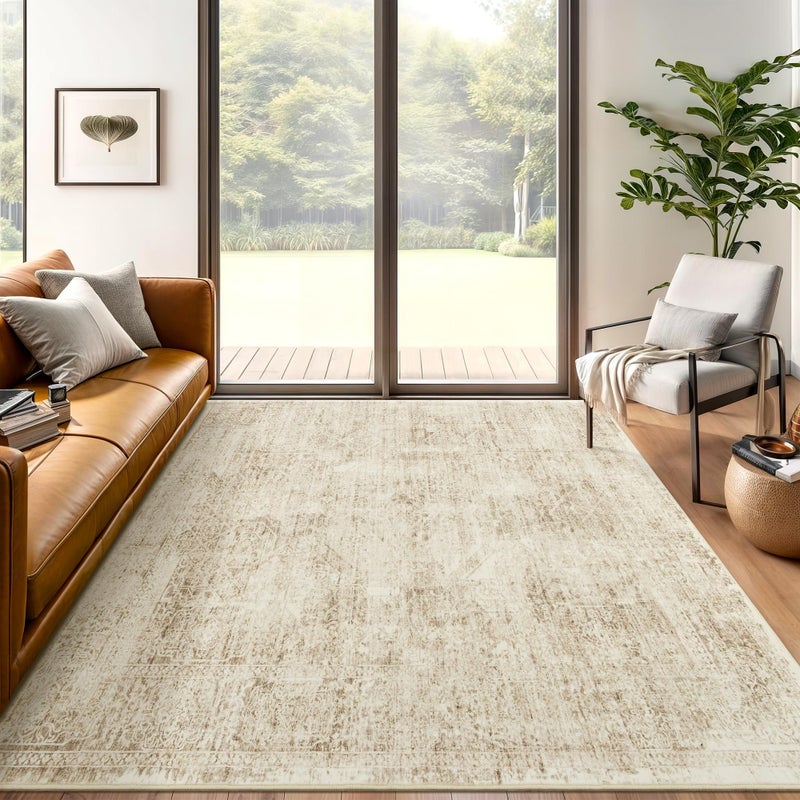 Soalmost 5x7 Area Rugs Brown Low Pile Indoor Washable Trendy Faded Style Floral Rugs for Bedroom Living Room Dining Room Foldable Non-Slip Thin Print Mat - Image 1