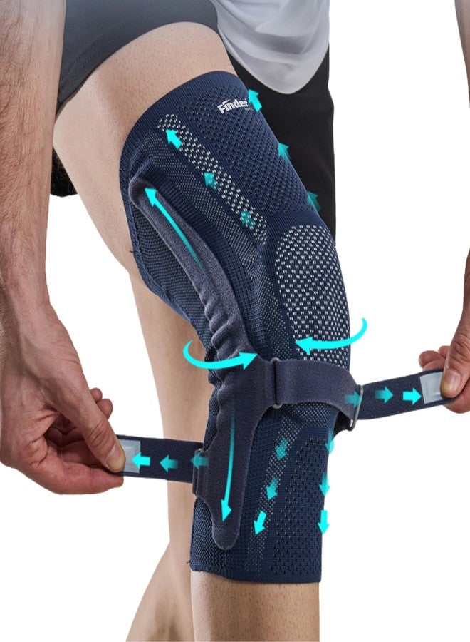 فايندر دعامة الركبة الرياضية من فايندر مع امتصاص الصدمات السيليكوني ودعم زنبركي، وضغط مزدوج الحزام، ومضاد للانزلاق، ودعم للركبة للرجال والنساء (أزرق داكن، مقاس متوسط) - Image 1