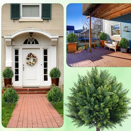 FONYICK 27.6'' Artificial Cedar Topiary Ball Trees, Set of 2 Fake Cypress Bushes Shrubs with Spikes UV Resistant Evergreen Faux Cypress Tree Plants for Planters Front Porch Outside Spring Garden Decor - Image 2