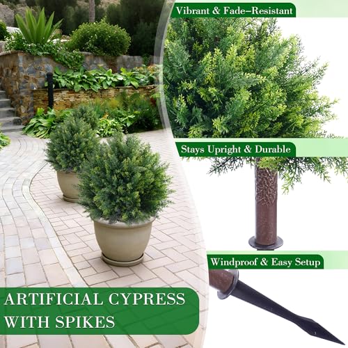 FONYICK 27.6'' Artificial Cedar Topiary Ball Trees, Set of 2 Fake Cypress Bushes Shrubs with Spikes UV Resistant Evergreen Faux Cypress Tree Plants for Planters Front Porch Outside Spring Garden Decor - Image 4