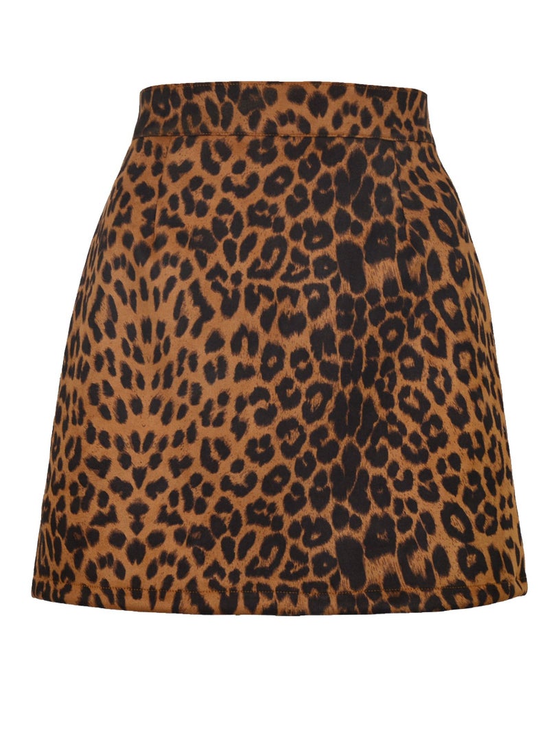 Loquat Women's Hip Wrap High Waist Leopard Print Zipper Short Mini Skirts Side Slit Pencil Skirt Brown/Black 
