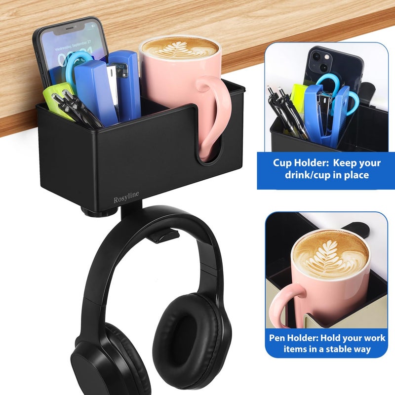 ROSYLINE ROSLINE 3-in-1 Clip-on Desk Organizer - Pen, Headphone, and Cup Holder for Expanding Office and Gaming Space (Black) - Image 5