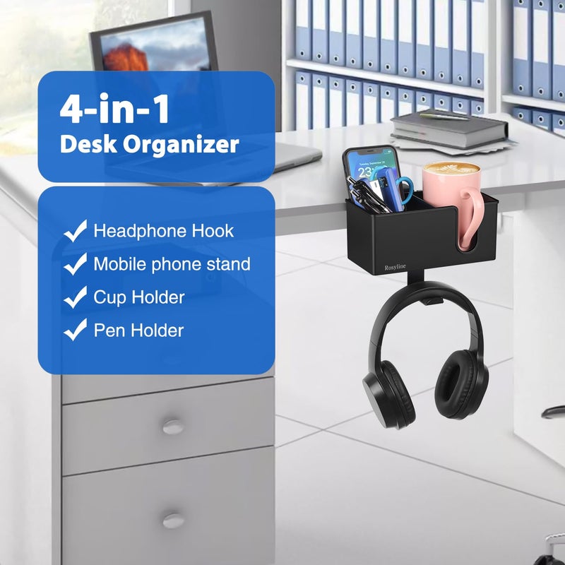 ROSYLINE ROSLINE 3-in-1 Clip-on Desk Organizer - Pen, Headphone, and Cup Holder for Expanding Office and Gaming Space (Black) - Image 2
