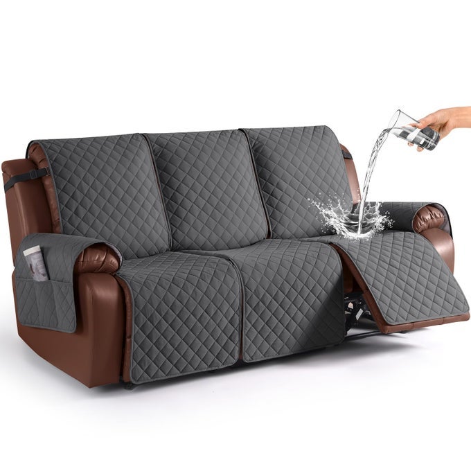 WATERPROOF RECLINER SOFA COVER NONSLIP RECLINING COUCH COVERS FOR 3 SEAT RECLINER COUCH COVER FURNITURE PROTECTOR WITH ELASTIC STRAPS FOR PETS KIDS CHARCOAL GRAY