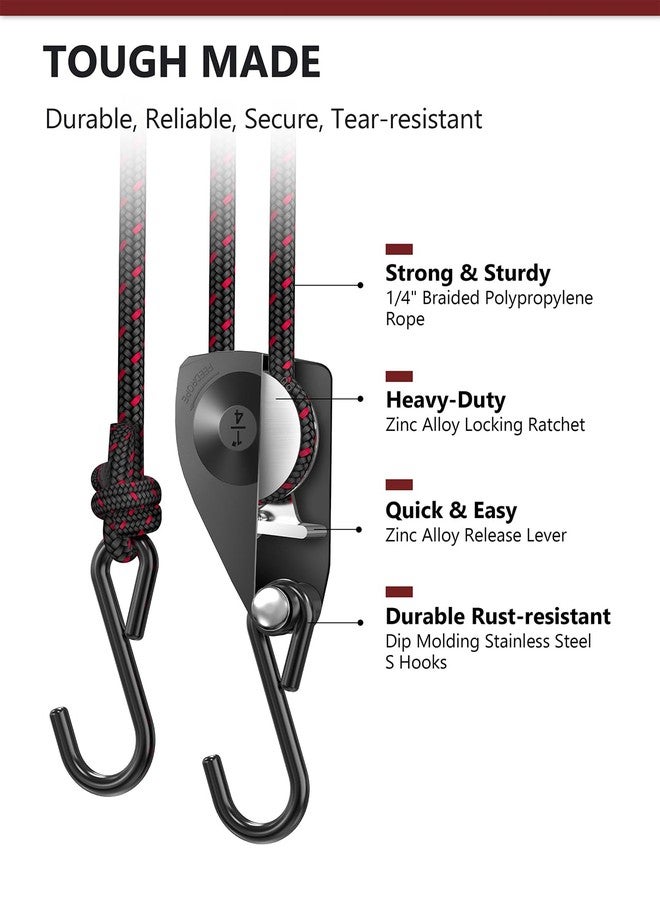 VIPARSPECTRA Ratchet Tie Down Straps, 1/4" Adjustable Rope Hangers [2 Pack, 12FT, 150 lbs/Pack], Heavy Duty Kayak Pulley System with Hooks for Garage Cargo Trucks Tents Grow Lights Various Lashing - Image 4