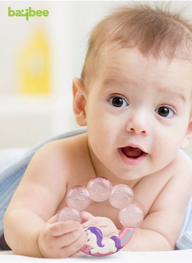 BAYBEE - Baybee Unicorn Natural Water Filled Silicone Teether for Babies to Soothe their Gums, Bpa Free Food Grade Easy Grasp Teething & Chewing Toys for Babies 6 to 12 Months Baby Infant (PINK) - Image 1