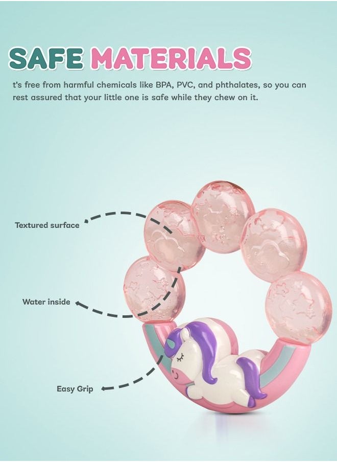 BAYBEE - Baybee Unicorn Natural Water Filled Silicone Teether for Babies to Soothe their Gums, Bpa Free Food Grade Easy Grasp Teething & Chewing Toys for Babies 6 to 12 Months Baby Infant (PINK) - Image 1