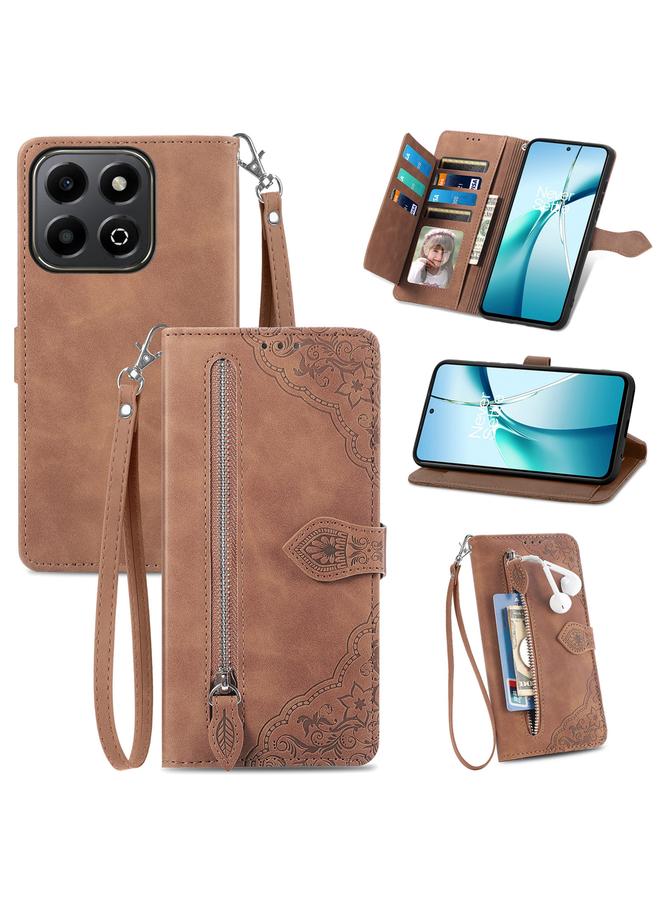 اس-توب جراب هاتف ذكي من الجلد بسحاب مزخرف بنقشة زهور لهاتف Honor 200 - Image 1