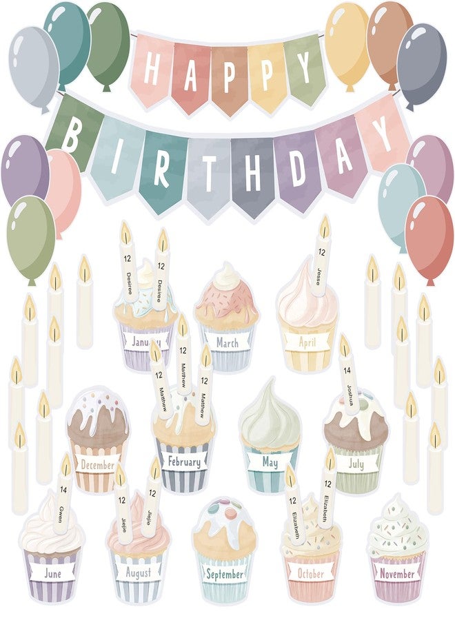 Mooliwe 52 Pcs Happy Birthday Bulletin Board Set for Classroom Colorful Birthday Bulletin Board Decoration Cakes Calendar Balloons Candles Cutouts for Student School Wall Decor Back to School Supplies - Image 1