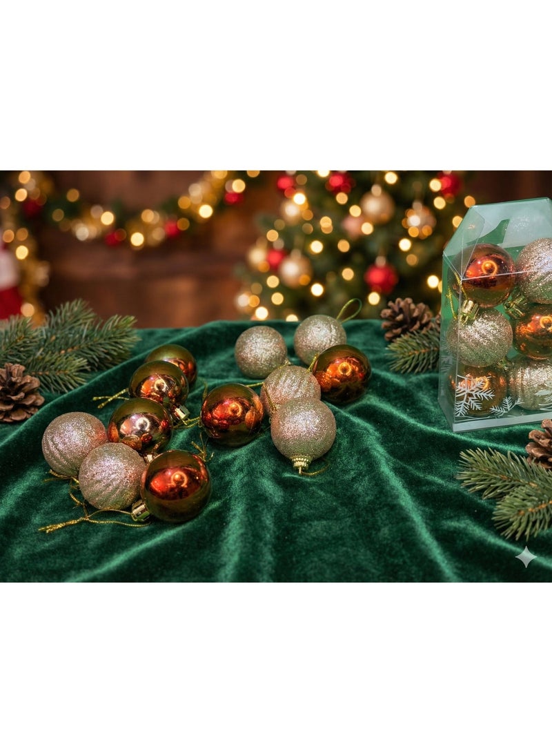 مجموعة كرات تزيين شجرة عيد الميلاد - 12 قطعة من الزينة الذهبية والنحاسية اللامعة مع خيوط للتعليق - Image 2