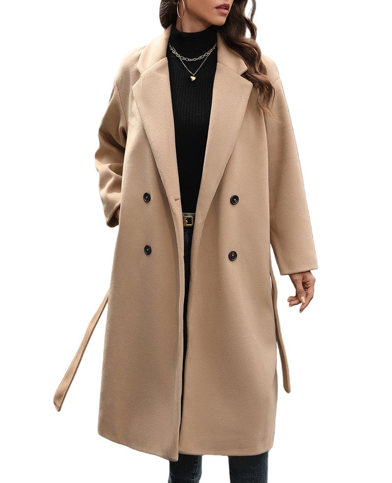 HOTIAN Women's Winter Wool Blend Coat Double Breasted Casual Notch Lapel Long Trench Overcoat Peacoat(Khaki-XL) - Image 1