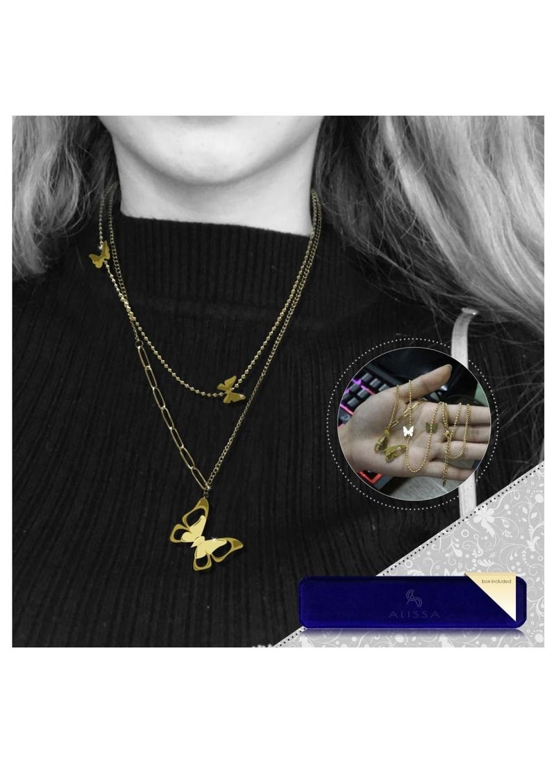 Alissa - Butterfly Pendant Necklace Double Layer Neck Chain for Women's Necklace Golden - Image 1