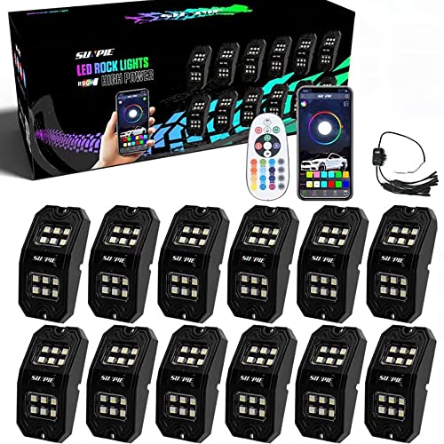 SUNPIE 12 Pods Upgraded 210 Degrees Wide Angle RGBW Rock Lights App Voice Mode Music Mode Automatic Control Neon Light Kit Wheel Well Lights for Off Road Truck SUV ATV UTV Boats - Image 1