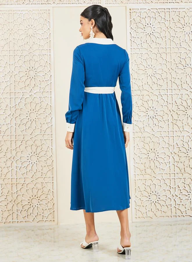 Styli Contrast Self Tie Up Collared Shirt Midi Dress