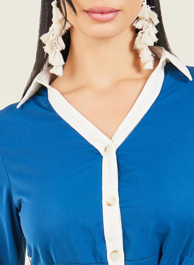 Styli Contrast Self Tie Up Collared Shirt Midi Dress