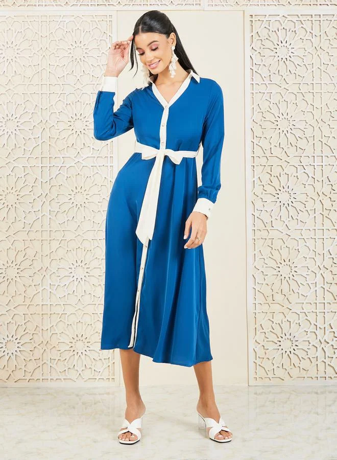 Styli Contrast Self Tie Up Collared Shirt Midi Dress