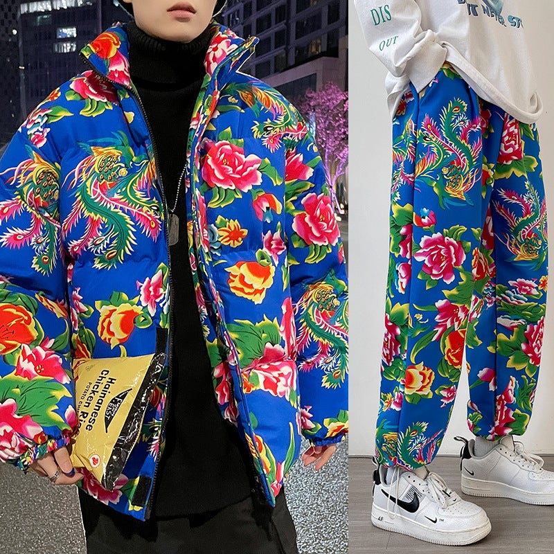 2023 Internet Celebrity Sale Winter Chinese Style Northeast Couple Suit Flower Cotton-Padded Coat Peony Cotton-Padded Coat Suit - Image 3