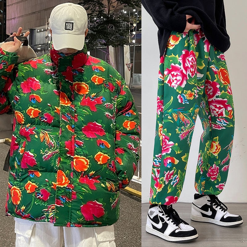 2023 Internet Celebrity Sale Winter Chinese Style Northeast Couple Suit Flower Cotton-Padded Coat Peony Cotton-Padded Coat Suit - Image 2